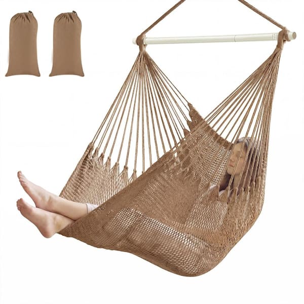 2 Pcs Hanging Hammock Chair, Comfy Soft Cotton Rope Weaving with 40 In Detachable Metal Bars, 270 lb Capacity (Brown)