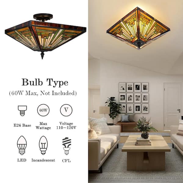 OUKANING 13.78 in. 2-Light Vintage Elegant Multi-Colored Stained