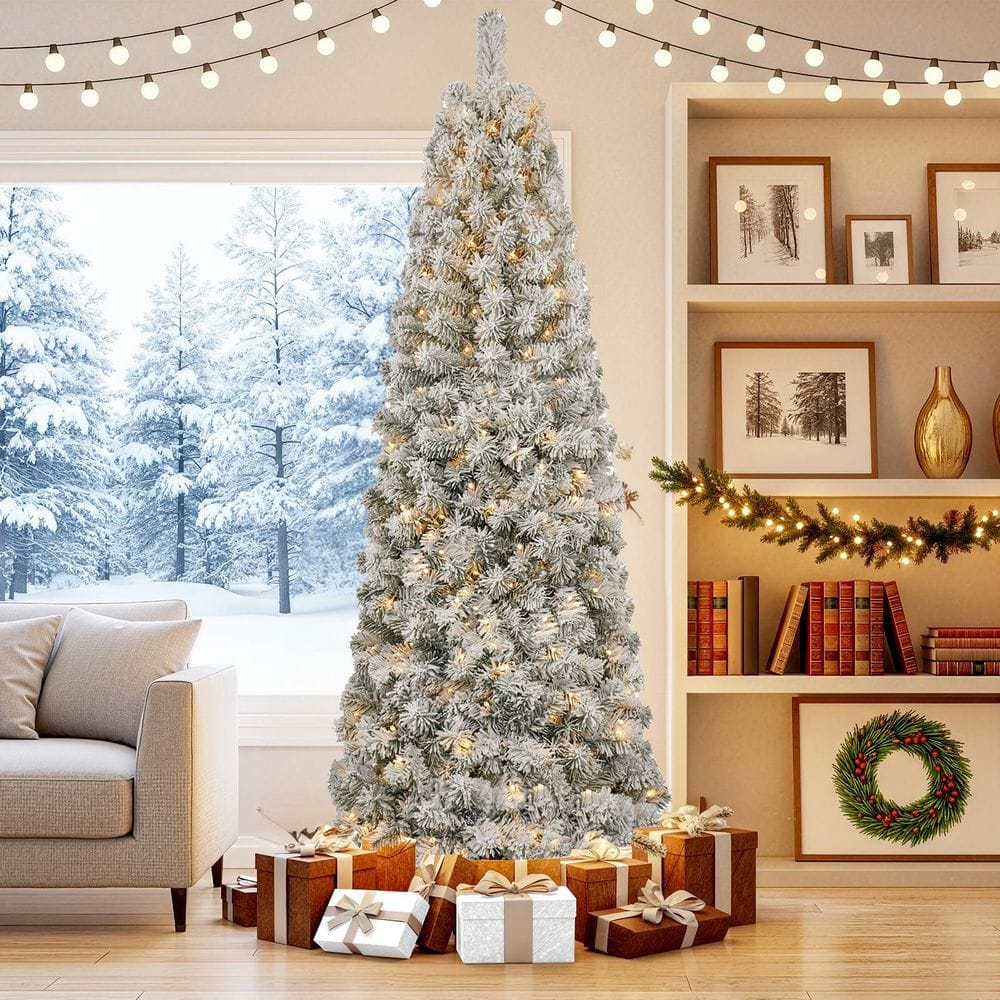JEAREY 6 ft. Pre-Lit Slim Flocked Artificial Christmas Tree with