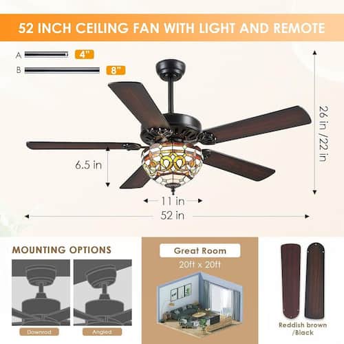 52 in. Indoor/Outdoor Tiffany Retro Downrod Brown Ceiling Fan with 5 Dual-Blades and Glass Shade Kviflon Ceiling Fans With Lights
