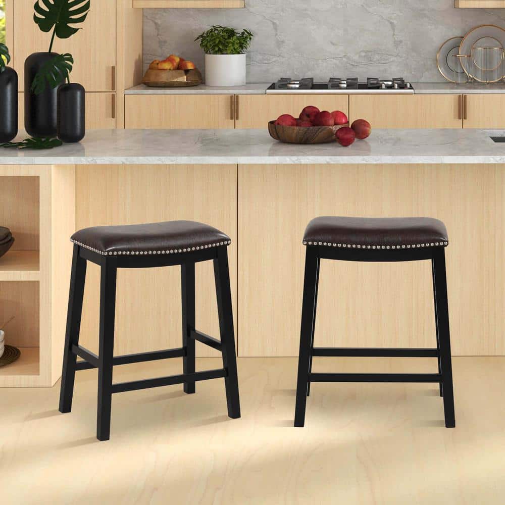 Costway 26 in. Brown Wood Bar Stool Counter Height Saddle Stools with ...