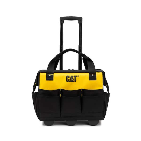 CAT Tool storage 18 in. 16 pockets Black and yellow 600 D Polyester Rolling tote bag Heavy duty trolley and wheels 84672 The Home Depot