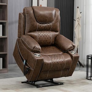 Brown Faux Leather Lay Flat Lift Heating Massage Recliner With Cup Holder