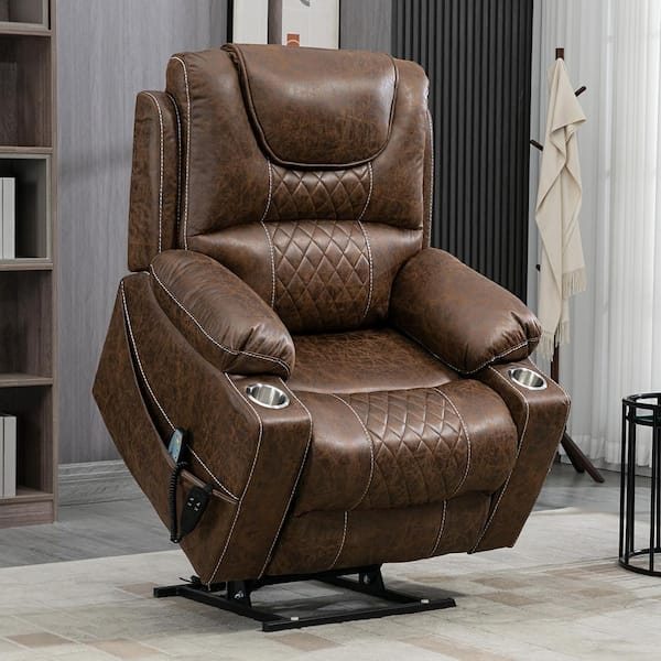 KINWELL Brown Faux Leather Lay Flat Lift Heating Massage Recliner With Cup Holder
