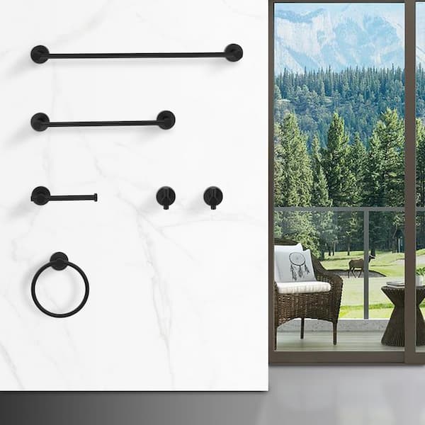 6-Piece Bath Hardware Set, Wall Mounted Towel Bar, Toilet Paper Holder, Hooks, Thickened Aluminium Bathroom Accessories