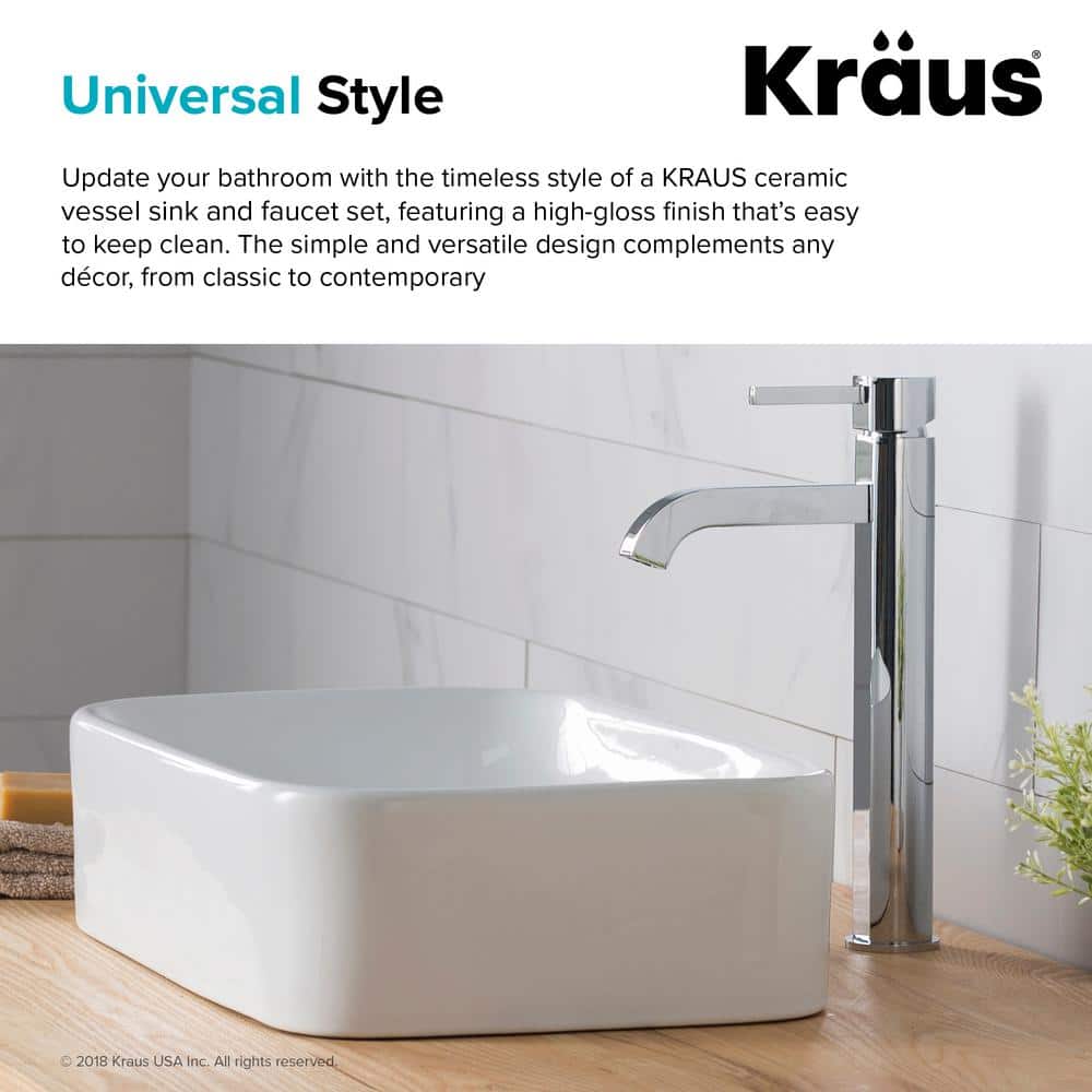White Ceramic Rectangular Vessel Sink with Chrome Faucet