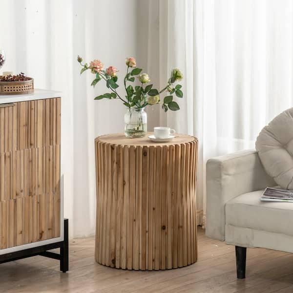 Magic Home 20.47 in. Retro Fashion Cylindrical Coffee Table with Vertical Texture Relief Design for Living Dining Room Office