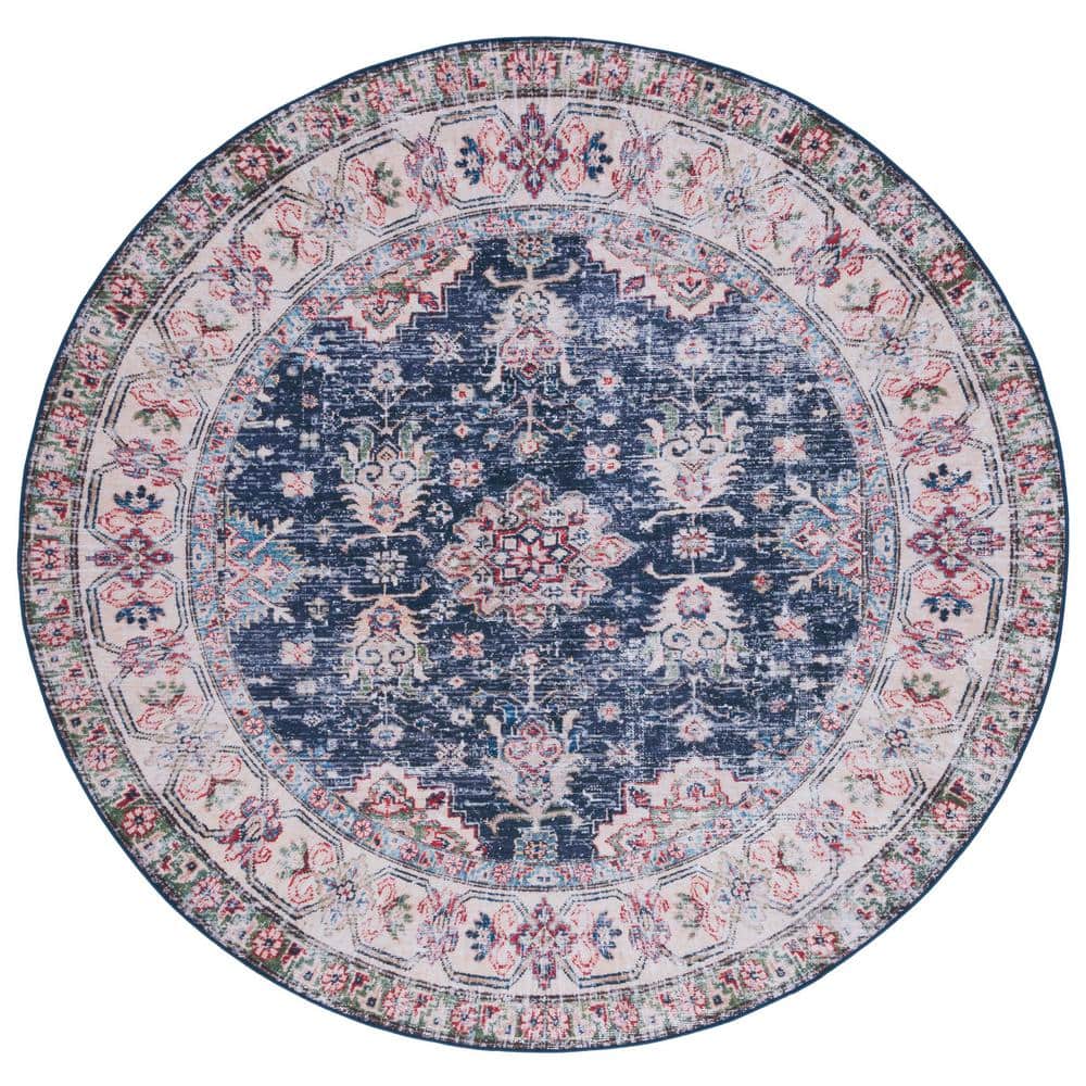 Tucson Navy/Beige 6 ft. x 6 ft. Machine Washable Floral Border Distressed Geometric Round Area Rug price history on PriceWatchPro