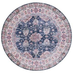 Tucson Navy/Beige 6 ft. x 6 ft. Machine Washable Floral Border Distressed Geometric Round Area Rug