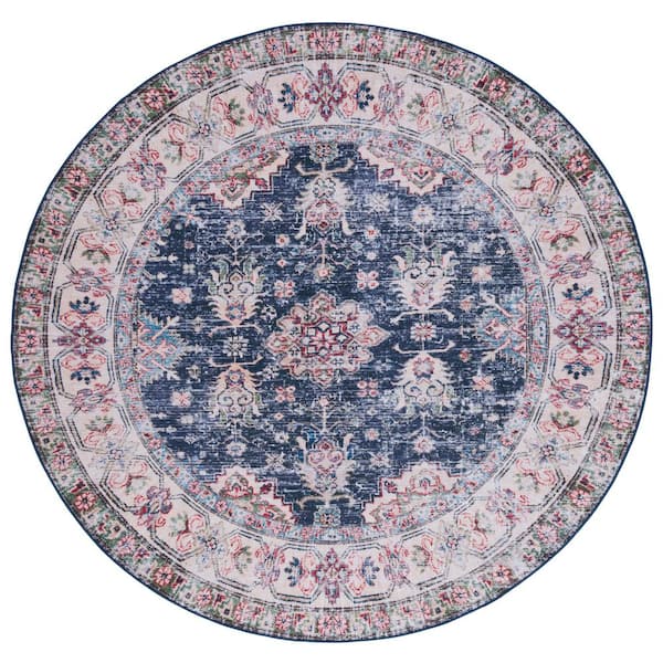 SAFAVIEH Tucson Navy/Beige 6 ft. x 6 ft. Machine Washable Floral Border Distressed Geometric Round Area Rug