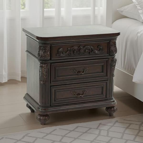 Benjara 17 in. Brown 3 Drawer Engraved Wooden Nightstand