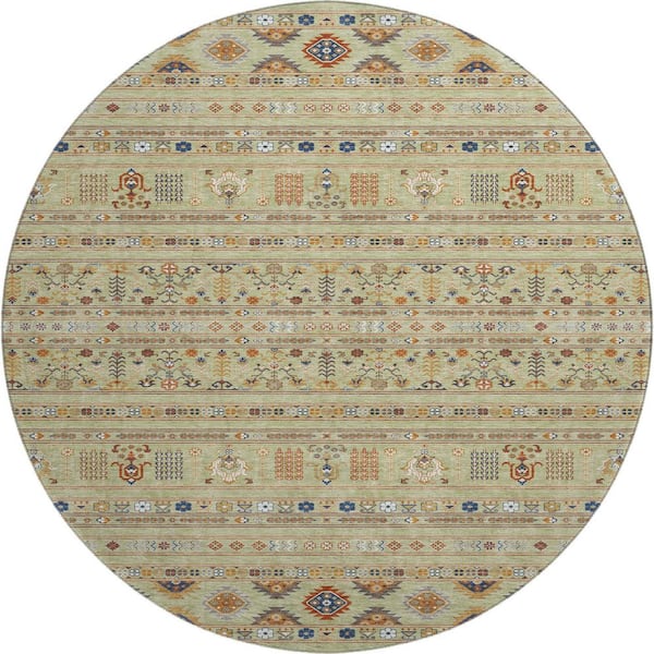 Mayfield Premium Machine Washable Abstract AMF2244 Aloe 8 ft. x 8 ft. Round Rug