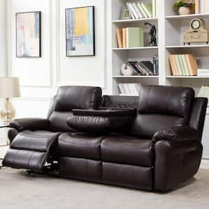 83 in. W Round Arm Faux Leather Rectangle Power Reclining Sofa in Espresso with Console, 2 Cup Holders, Wireless Charger