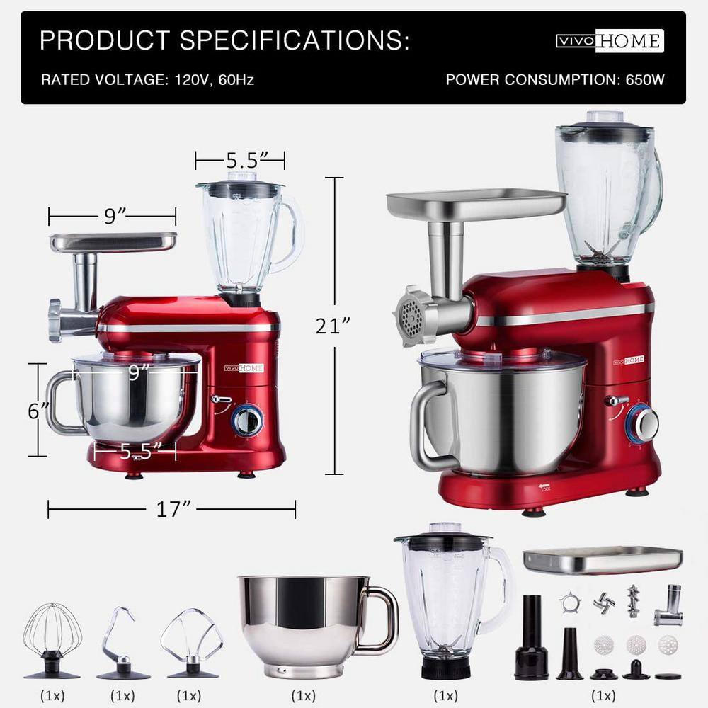 VIVOHOME Red 6 Quart 3-in-1 Stand Mixer with Meat Grinder and Blender