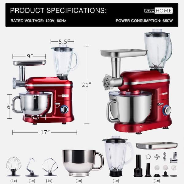 VIVOHOME 6 qt. 6- Speed Red 3 in 1 Multifunctional Stand Mixer with Meat Grinder and Juice Blender ETL Listed
