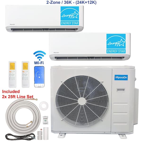2-Zone ENERGY STAR Wi-Fi 36K BTU 230V 21 SEER2 Mini Split AC with Heat Pump +24K BTU + 12K BTU Heads, 25 ft. lineset x 2