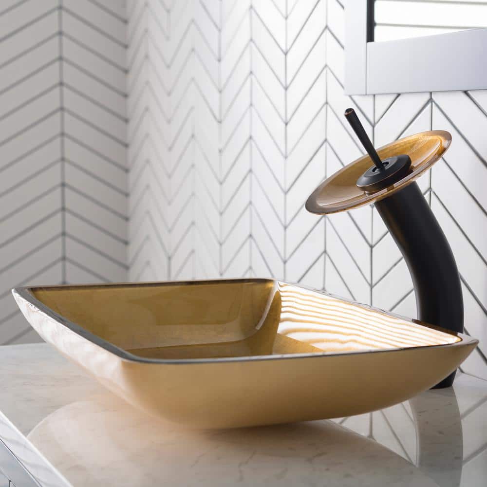 Gold Glass Rectangular Vessel Bathroom Sink, 22 inch
