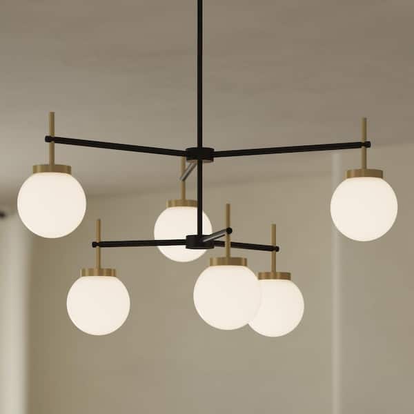 Rigsby 60-Watt 6-Light Matte Black and Brushed Gold Transitional 2-Tier Chandelier with Opal Glass Shades