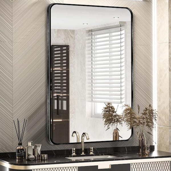 24 in. W x 36. 2 in. H Rectangular Aluminum Frame Square Black Wall Mirror