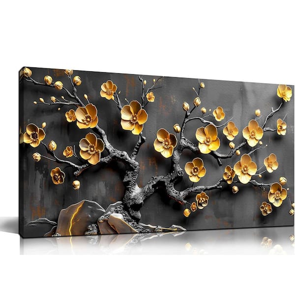 Unbranded 20x40 Large Framed Grey and Gold Metal-Tone Plum Blossom Canvas Wall Art Modern Decor for Living Room Bedroom and Office