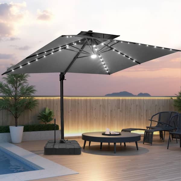 2-Tier Top 13.5 ft. x 10 ft. Solar LED Rectangular 360° Rotation Cantilever Patio Umbrella in Gray with 350 lbs. Base