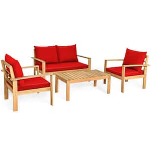 4-Piece Acacia Wood Outdoor Patio Conversation Set with Red Cushions Water Resistant