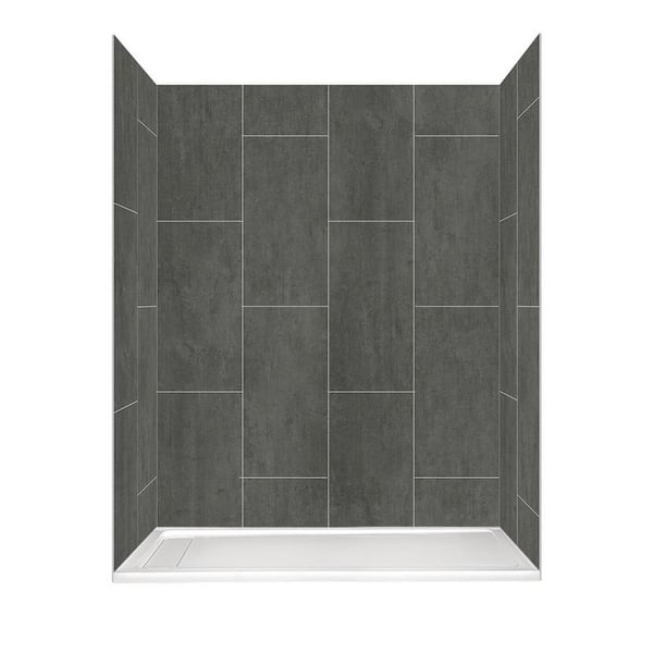 Glacier Bay 60 in. L x 32 in. W x 78 in. H 4-Piece Glue Up Alcove Shower Wall and Left Concealed Drain Base in Gray Slate