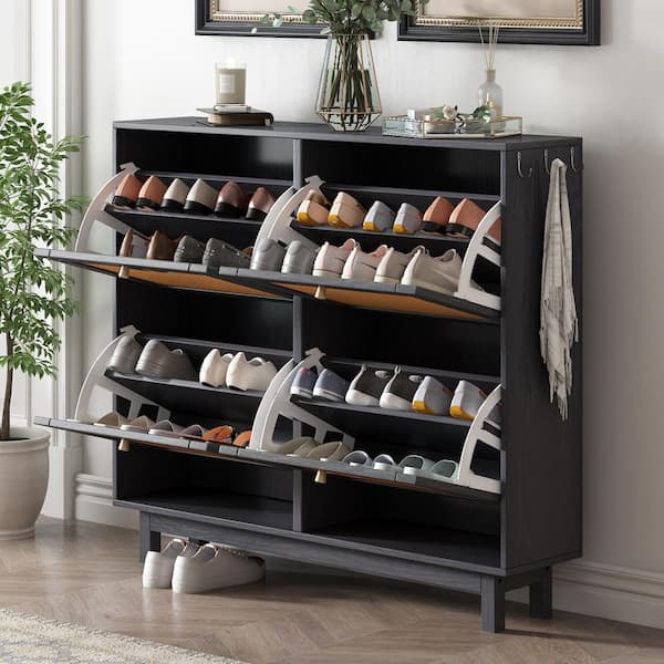 ARO Black Shoe Cabinet Narrow Rectangular Entryway Storage Cabinet 12 Shelves