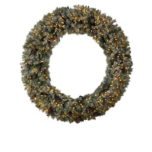 72 in. Pre-Lit LED Giant Flocked Artificial Christmas Wreath with Pinecones, 600 Clear LED Lights