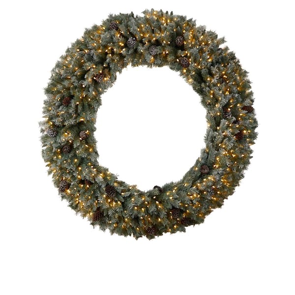 Nearly Natural 72 in. Pre-Lit LED Giant Flocked Artificial Christmas Wreath with Pinecones, 600 Clear LED Lights