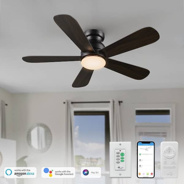 48 in. Smart Indoor/Outdoor Black Flush Mount LED Standard Ceiling Fan with Remote Control, Wall Control and DC Motor