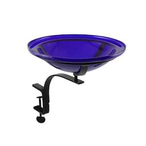 12.5 in. Dia Cobalt Blue Reflective Crackle Glass Birdbath Bowl with Rail Mount Bracket