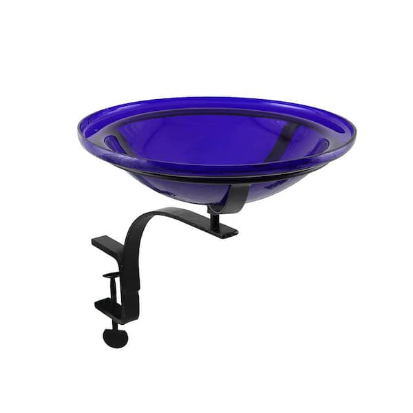 ACHLA DESIGNS 12.5 in. Dia Cobalt Blue Reflective Crackle Glass Birdbath Bowl with Rail Mount Bracket