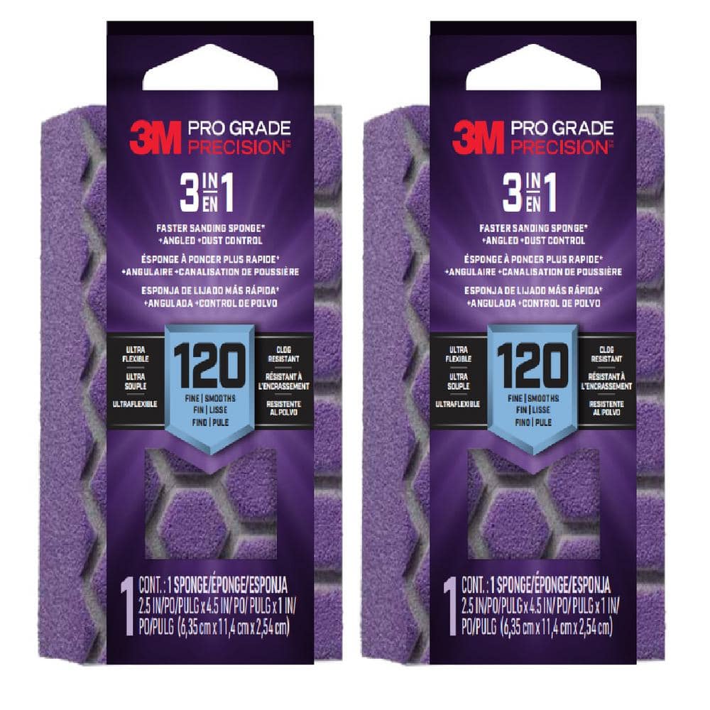3M Pro Grade Precision 2.5 in x 4.5 in. x 1 in. Medium 120 Grit 3-in-1 Sanding Sponge (1-Pack)