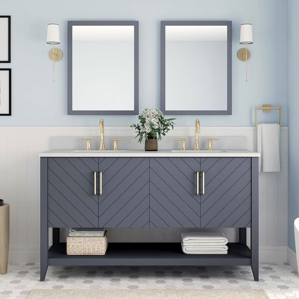 Baybarn 60 in. Double Sink Blue Ash Bath Vanity with White Engineered Carrara Top (Assembled)