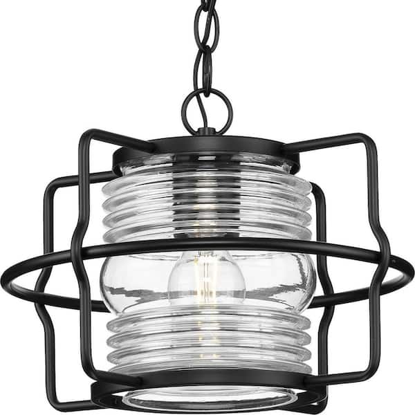 Progress Lighting Keegan 9.62 in 1-Light Matte Black Clear Glass Coastal Outdoor Hanging Lantern