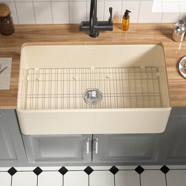 Farmhouse Kitchen Sink 33 in. L x 18 in. W Apron Front Single Bowl Fireclay Sink Bone with Bottom Grid and Sink Strainer