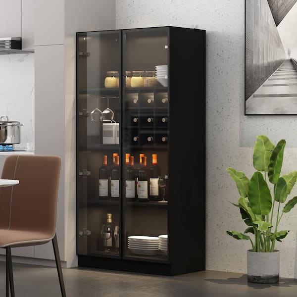 FUFU&GAGA Black Wood 31.5 in. W Food Pantry Cabinet Kitchen Sideboard with Wine Storage Racks, LED Lights, Tempered Glass Doors