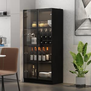 Black Wood 31.5 in. W Food Pantry Cabinet Kitchen Sideboard with Wine Storage Racks, LED Lights, Tempered Glass Doors