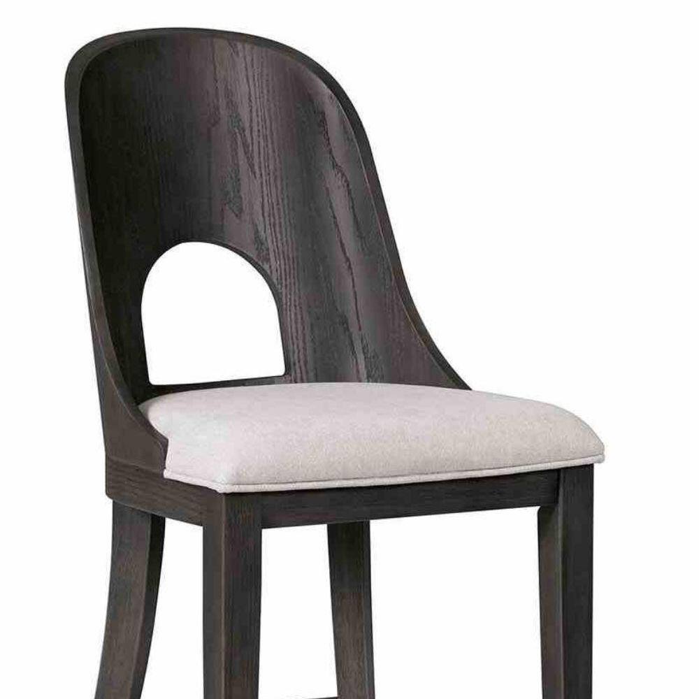Three-quarter view of an ash gray fabric upholstered open back counter height chair.