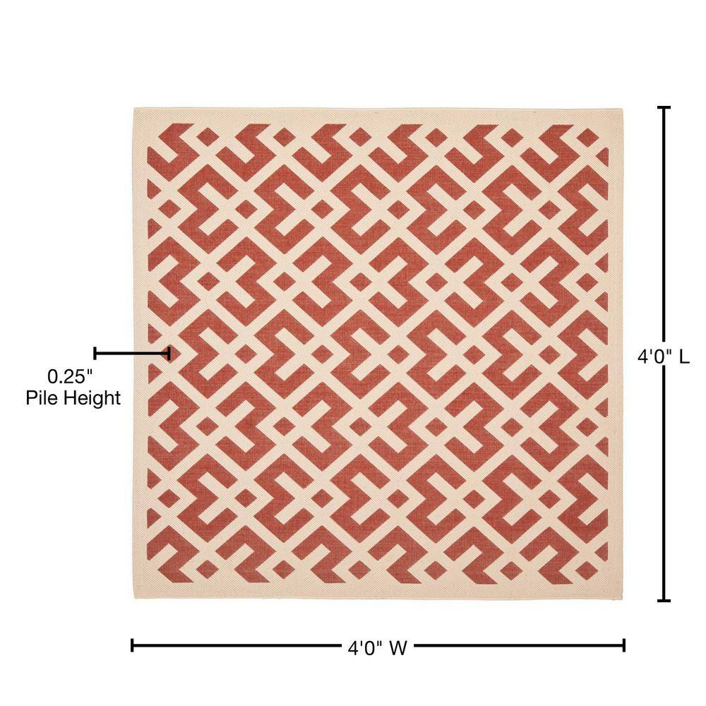 Red and Bone Geometric Square Indoor/Outdoor Rug, 4' x 4'