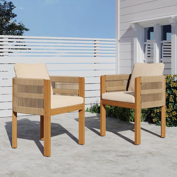 CHRISTOPHER KNIGHT HOME Debby Teak Finish Solid Wood and Brown Rope Weave Patio Outdoor Dining Chair with Beige Cushions, (Set of 2)