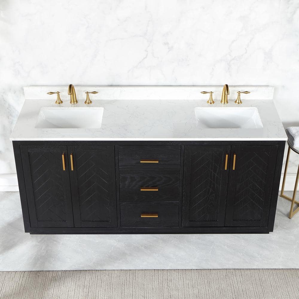 Gazsi 72" Black Oak Double Bathroom Vanity with Composite Stone Countertop