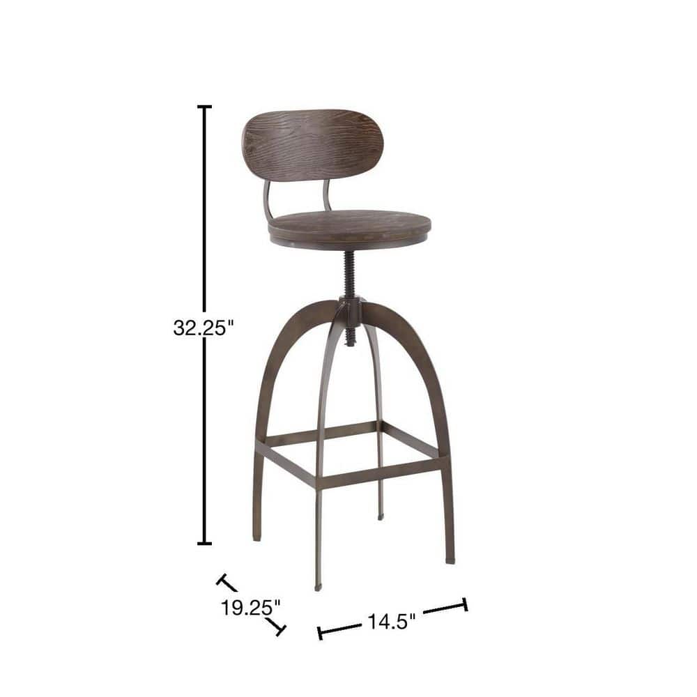 Dakota Industrial Espresso Wood and Antique Metal Adjustable Swivel Barstool