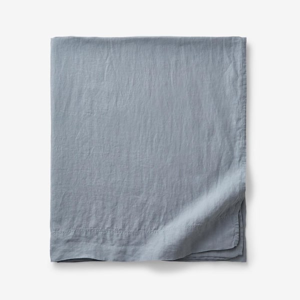 The Company Store Legends Hotel Dusty Blue Solid Washed Linen Queen Flat Sheet