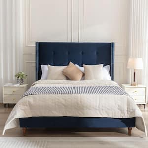 Peyton Blue Velvet Upholstery and Wood Frame King Platform Bed with Wingback