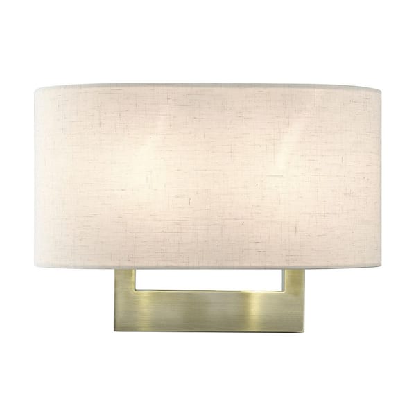 LAYTON 2 Light Antique Brass Wall Sconce with Oatmeal Fabric Shade