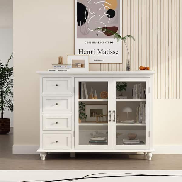 FUFU&GAGA White Wooden Accent Storage Cabinet, Sideboard, Wine Storage Cabinet with 4 Drawers and 3-Tier of Shelf