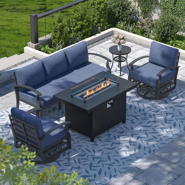 5-Piece Aluminum Patio Conversation Set with armrest, Firepit Table, Swivel Rocking Chairs and Cushion Navy Blue