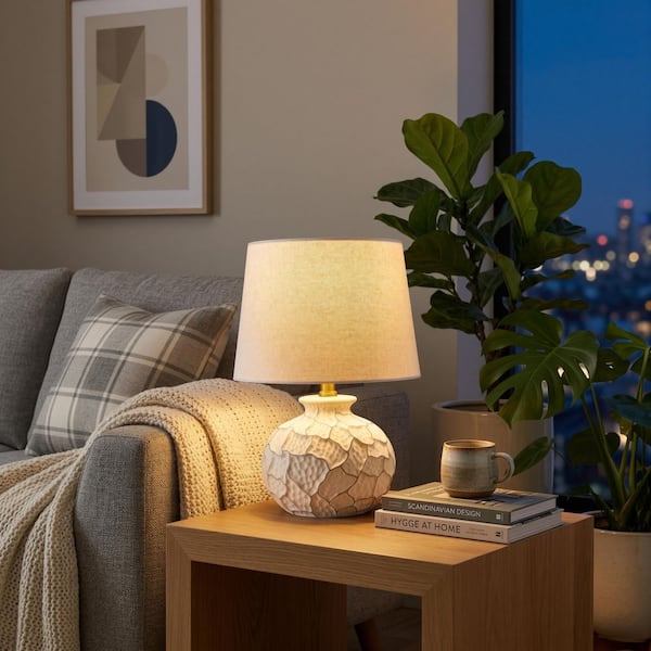 KAWOTI 15.75 in. Cream and Grey Textured Ceramic Coastal Table